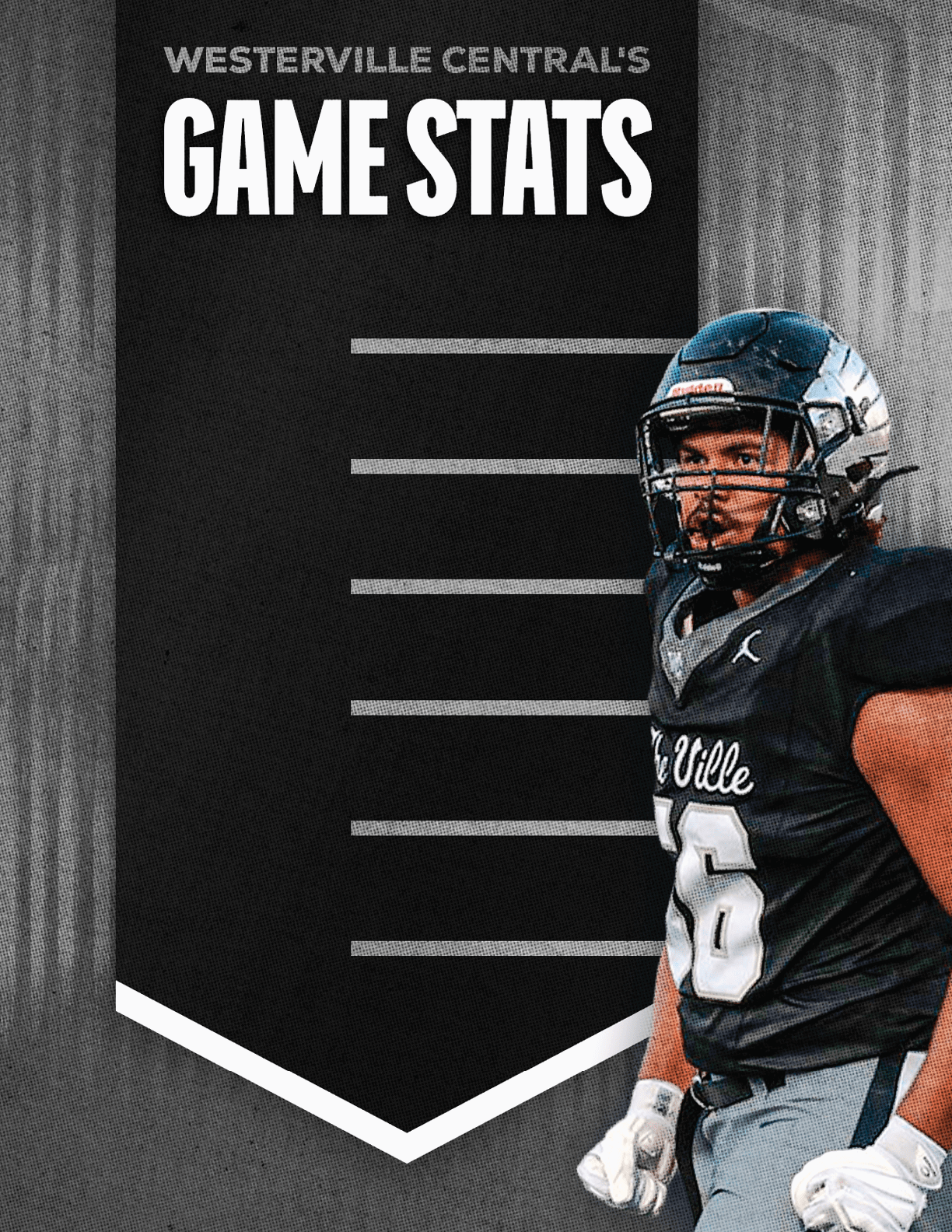 A person wearing a black football uniform and helmet stands next to a black banner with white text that reads Westerville Central's Game Stats. Descripci n generada con IA