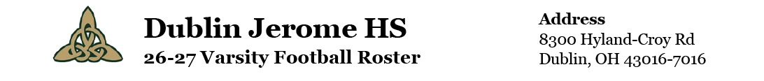 Dublin Jerome High School 26-27 Varsity Football Roster header with a Celtic knot logo and the school's address in Dublin, Ohio. Descripci n generada con IA