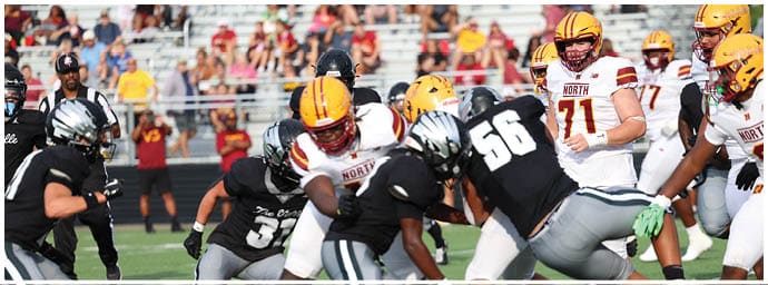 People wearing football uniforms are engaged in a play on a field with spectators in the background. Descripci n generada con IA
