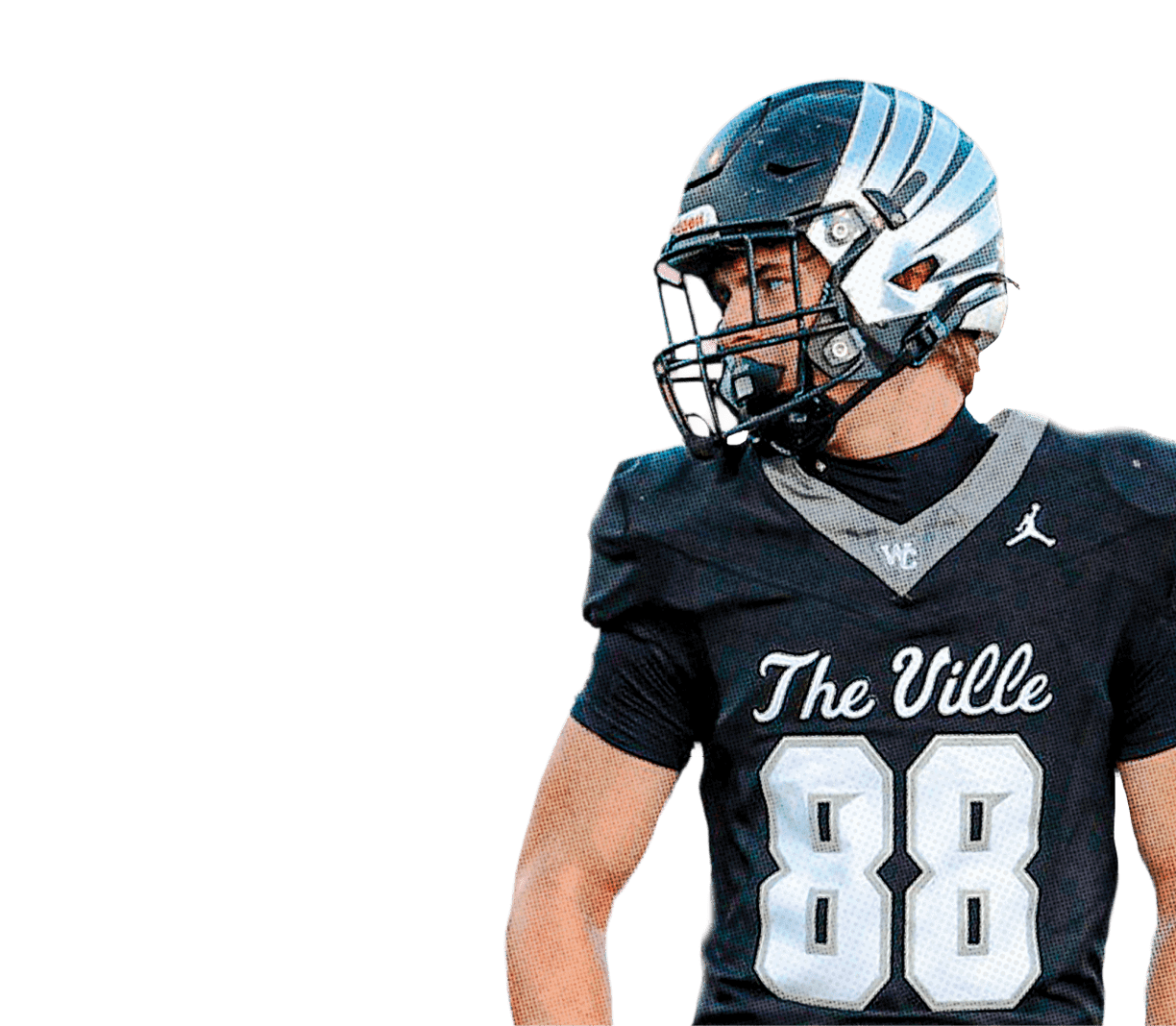 A person wearing a black football uniform with the number 88 and the words The Ville on the jersey is standing on a field. Descripci n generada con IA