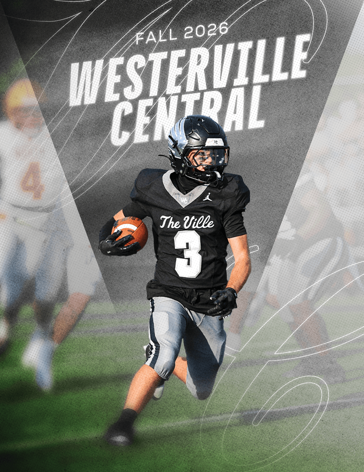 A person wearing a black football uniform with the number three is running on a field holding a football with a blurred background of other players and text that reads Fall 2026 Westerville Central. Descripci n generada con IA