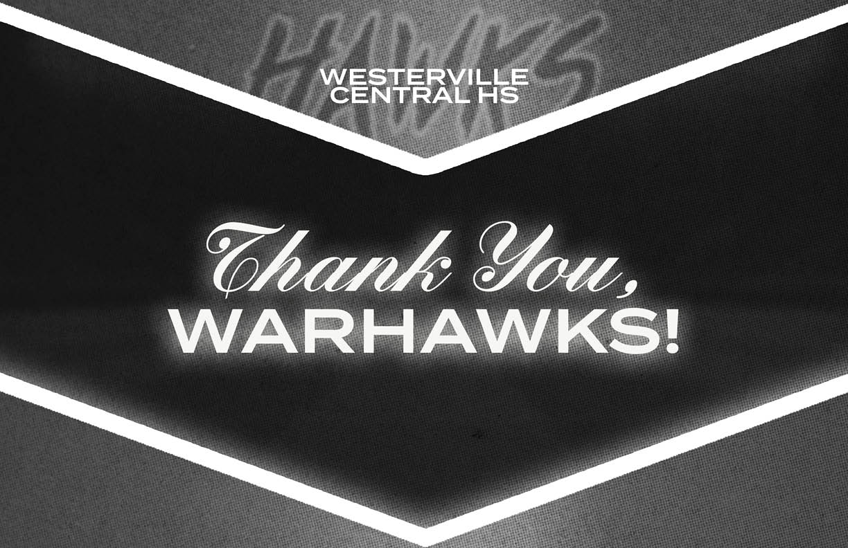 Westerville Central High School banner with the text “Thank You, Warhawks!" in a bold and elegant font. Descripci n generada con IA