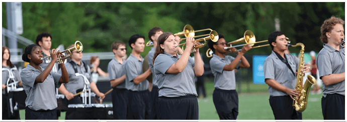 A group of people wearing matching gray shirts are playing brass instruments outdoors with a green background. Descripci n generada con IA