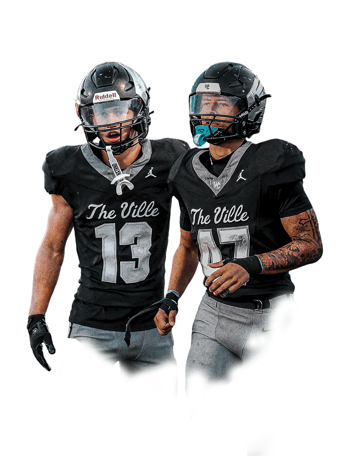 Two people wearing black football uniforms with helmets stand side by side on a field under the text “Westerville Central's Story of the Season." Descripci n generada con IA
