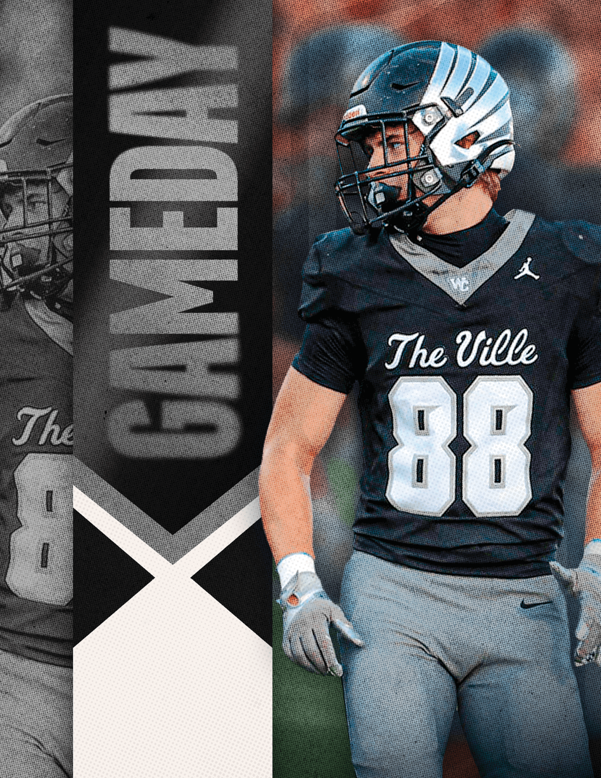 A person wearing a black football uniform with the number 88 and a helmet stands next to a vertical banner that says “GAMEDAY." Descripci n generada con IA
