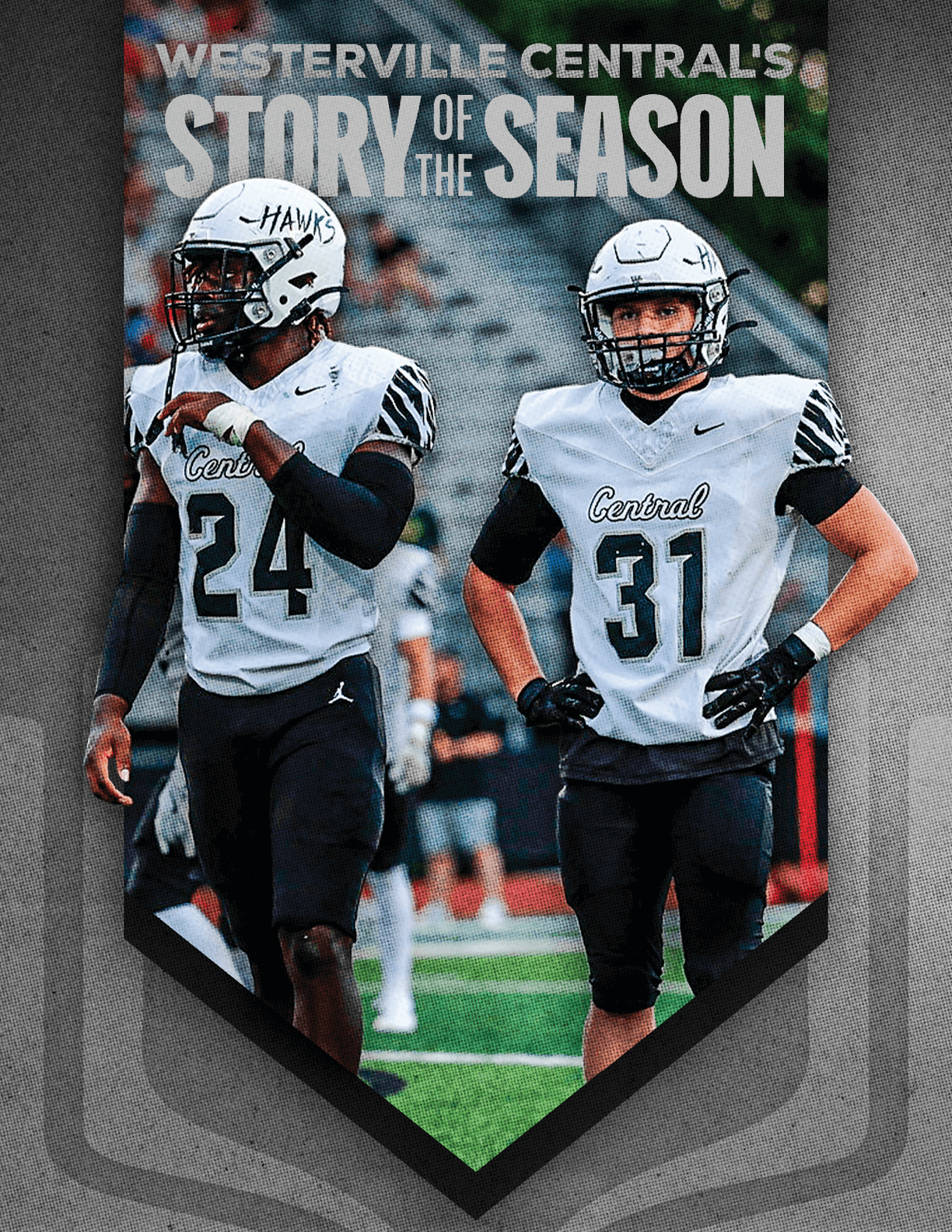 Two adults in white and black football uniforms with helmets stand on a football field with text above them reading “Westerville Central's Story of the Season." Descripci n generada con IA