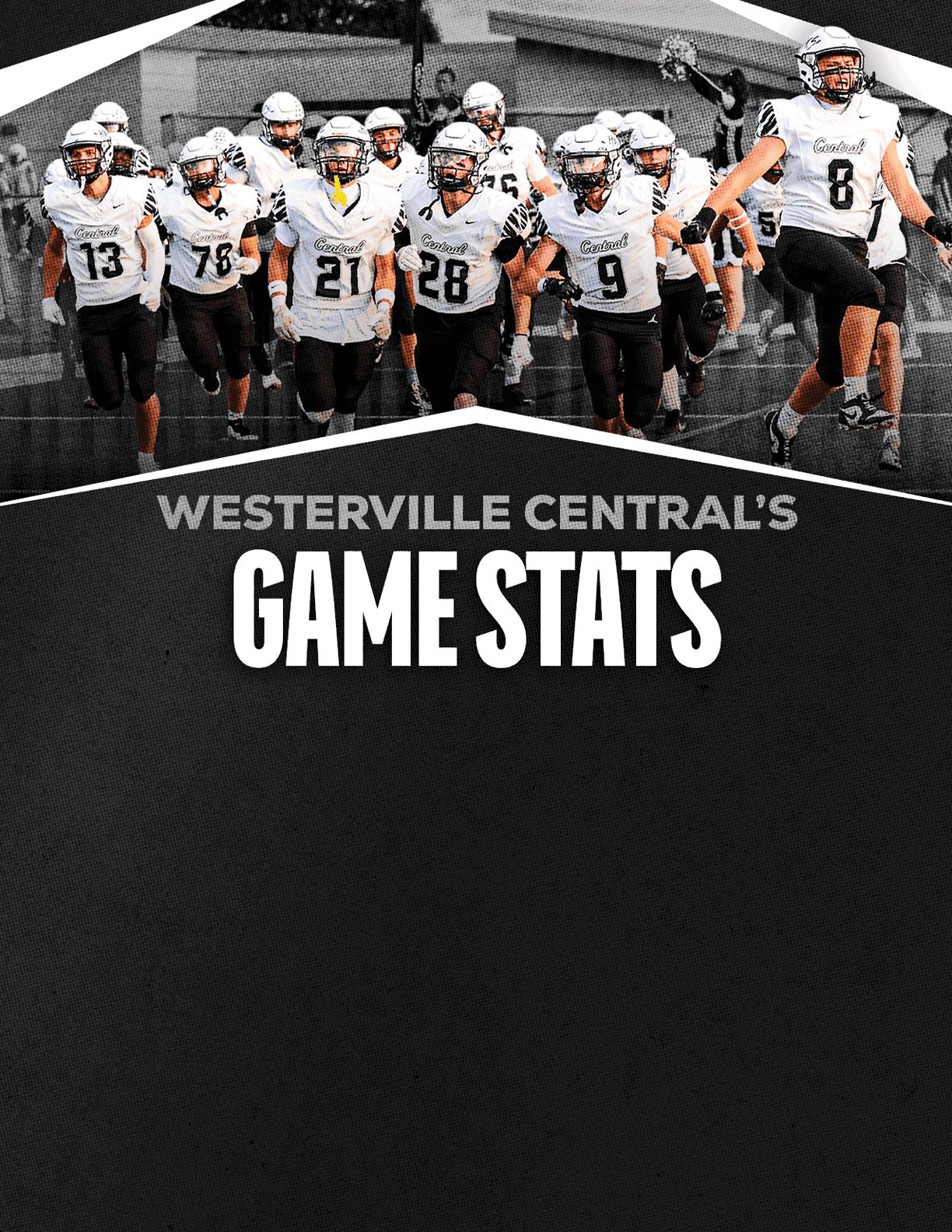 A group of football players in white and black uniforms are running energetically on a field with the text Westerville Central's Game Stats below them on a dark textured background. Descripci n generada con IA