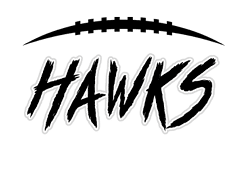The word “HAWKS" is written in bold, jagged black letters beneath a stylized black football shape. Descripci n generada con IA
