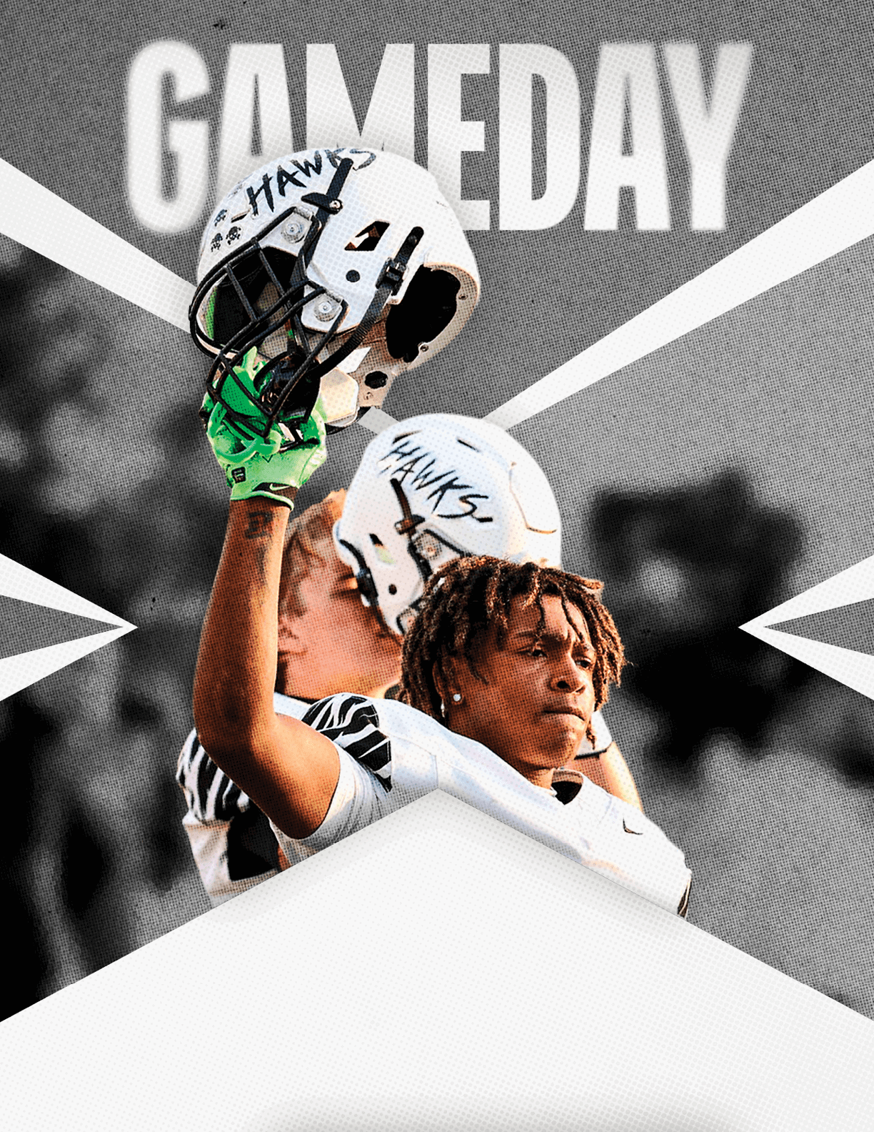 A person in a sports uniform with dreadlocks holds up a white football helmet with “HAWKS" written on it against a background with the word "GAMEDAY" in bold letters. Descripci n generada con IA