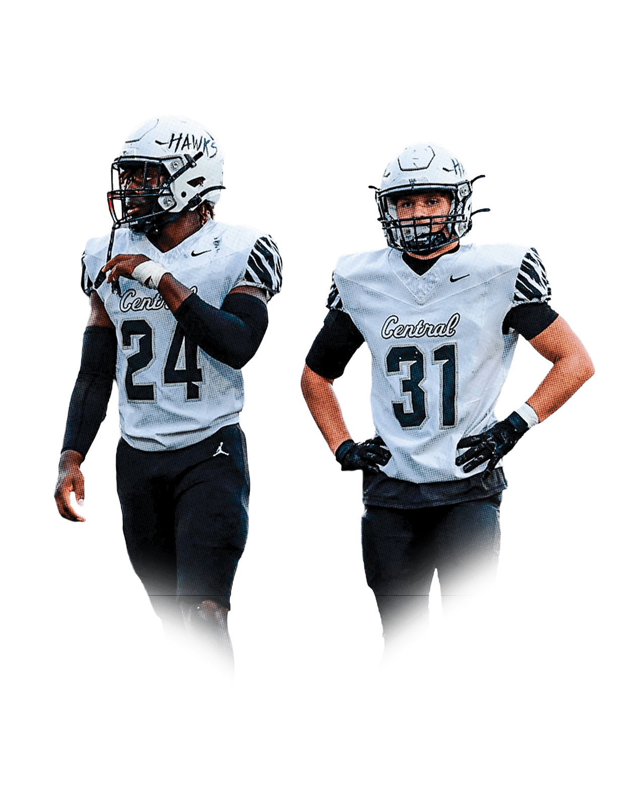 Two people wearing white and black football uniforms with helmets stand on a football field during a game or practice. Descripci n generada con IA