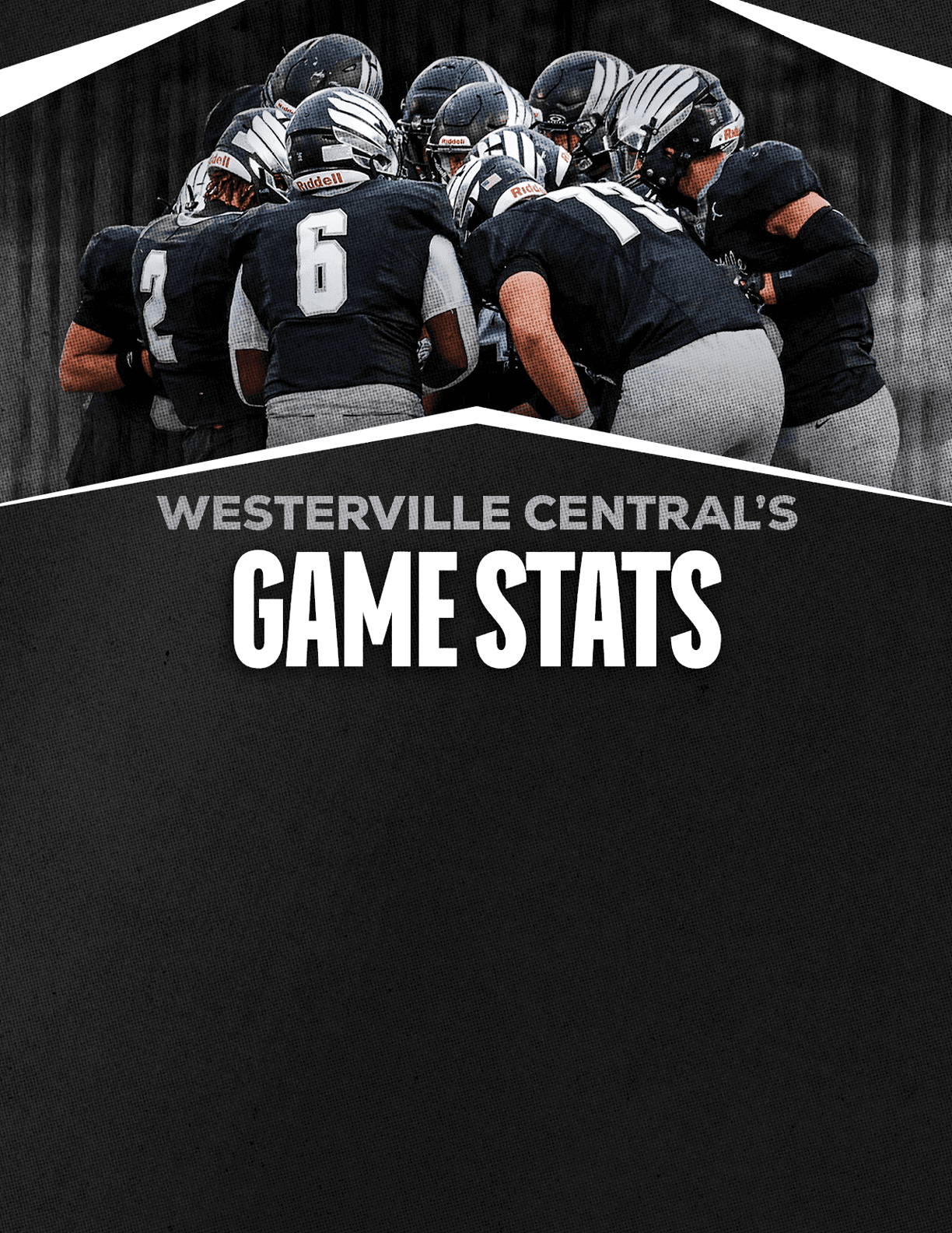 A group of football players in black and gray uniforms huddle together above text that reads Westerville Central's Game Stats on a black textured background. Descripci n generada con IA