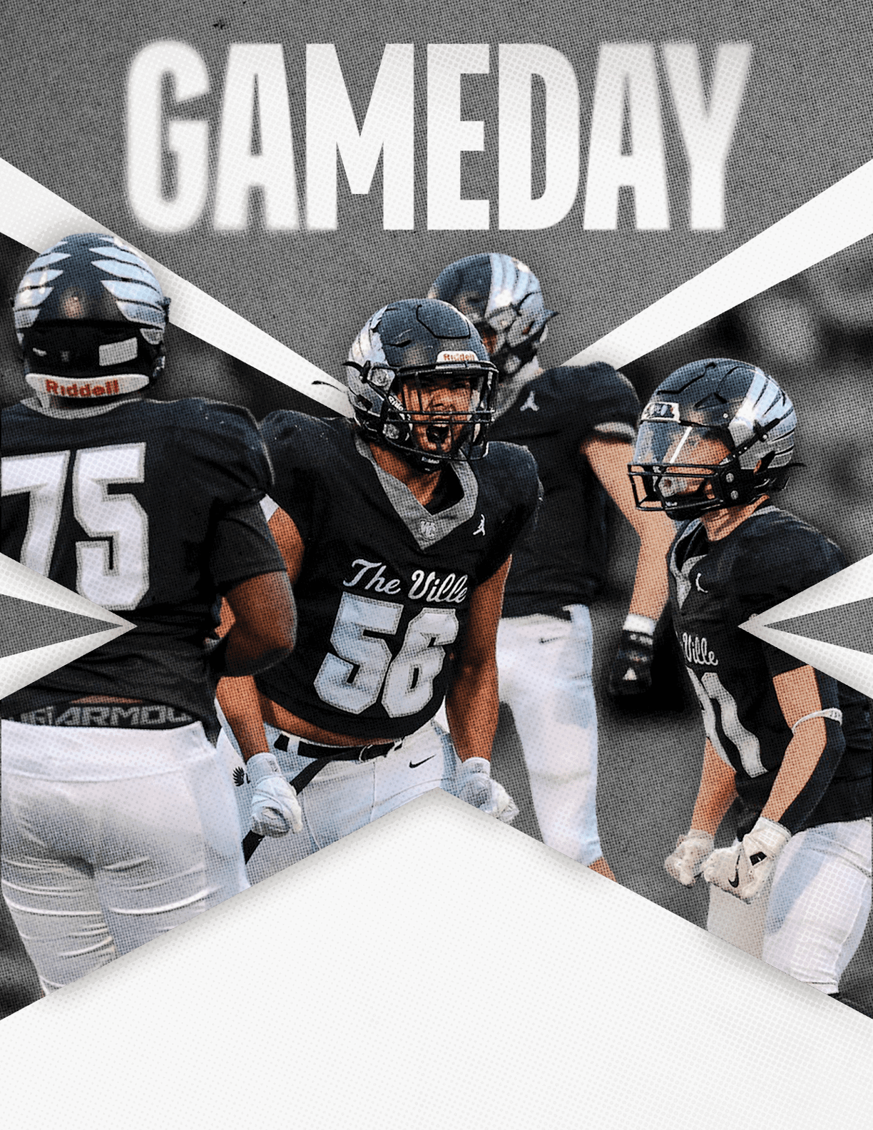Four athletes in black and white football uniforms are gathered on a field with the word GAMEDAY prominently displayed above them. Descripci n generada con IA