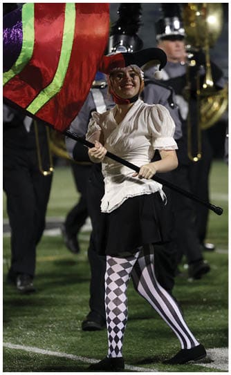 A person wearing a jester hat, a white blouse, a black skirt, and mismatched patterned tights is holding a red and green flag on a football field with a marching band in the background. Descripci n generada con IA