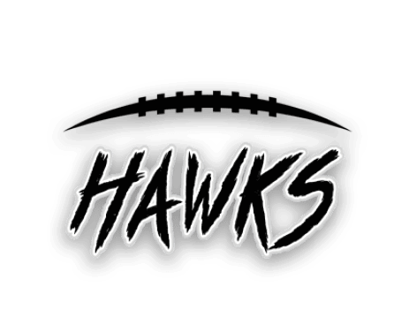 The word “HAWKS" is written in bold, jagged black letters beneath a stylized black football shape with laces. Descripci n generada con IA