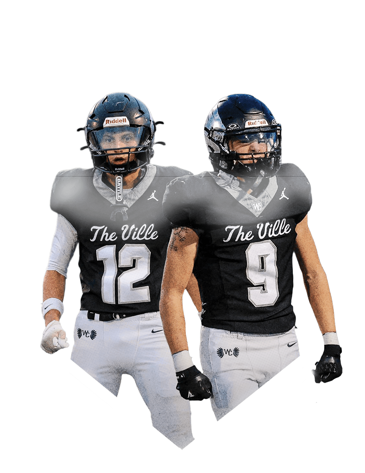 Two people wearing black football helmets and jerseys with “The Ville" written on them stand side by side on a field. Descripci n generada con IA