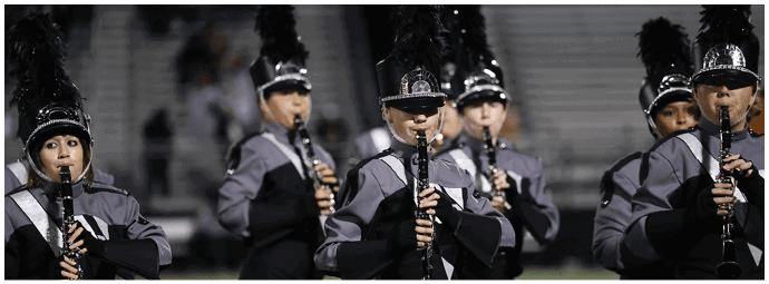 A group of people in marching band uniforms with tall feathered hats are playing clarinets on a field at night. Descripci n generada con IA