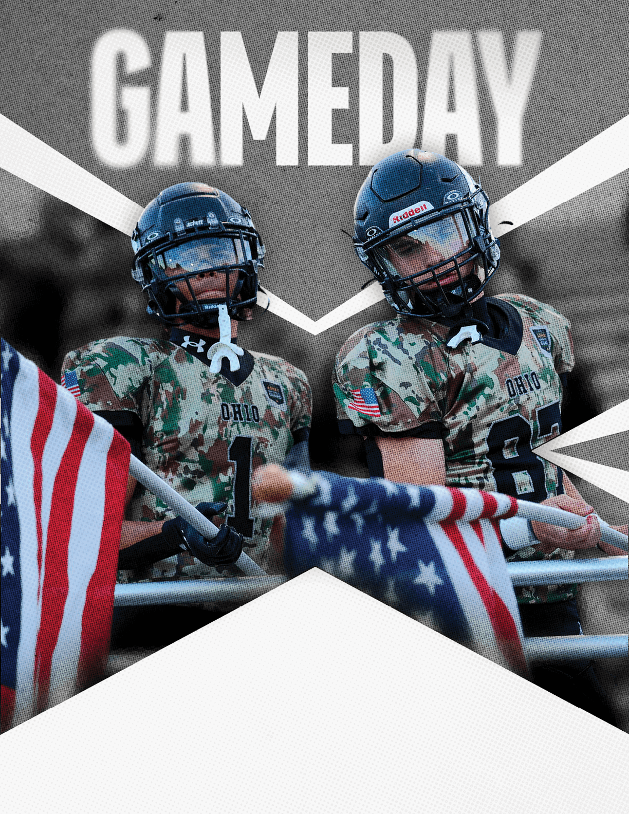 Two people in camouflage football uniforms and helmets stand behind American flags with the word GAMEDAY above them. Descripci n generada con IA