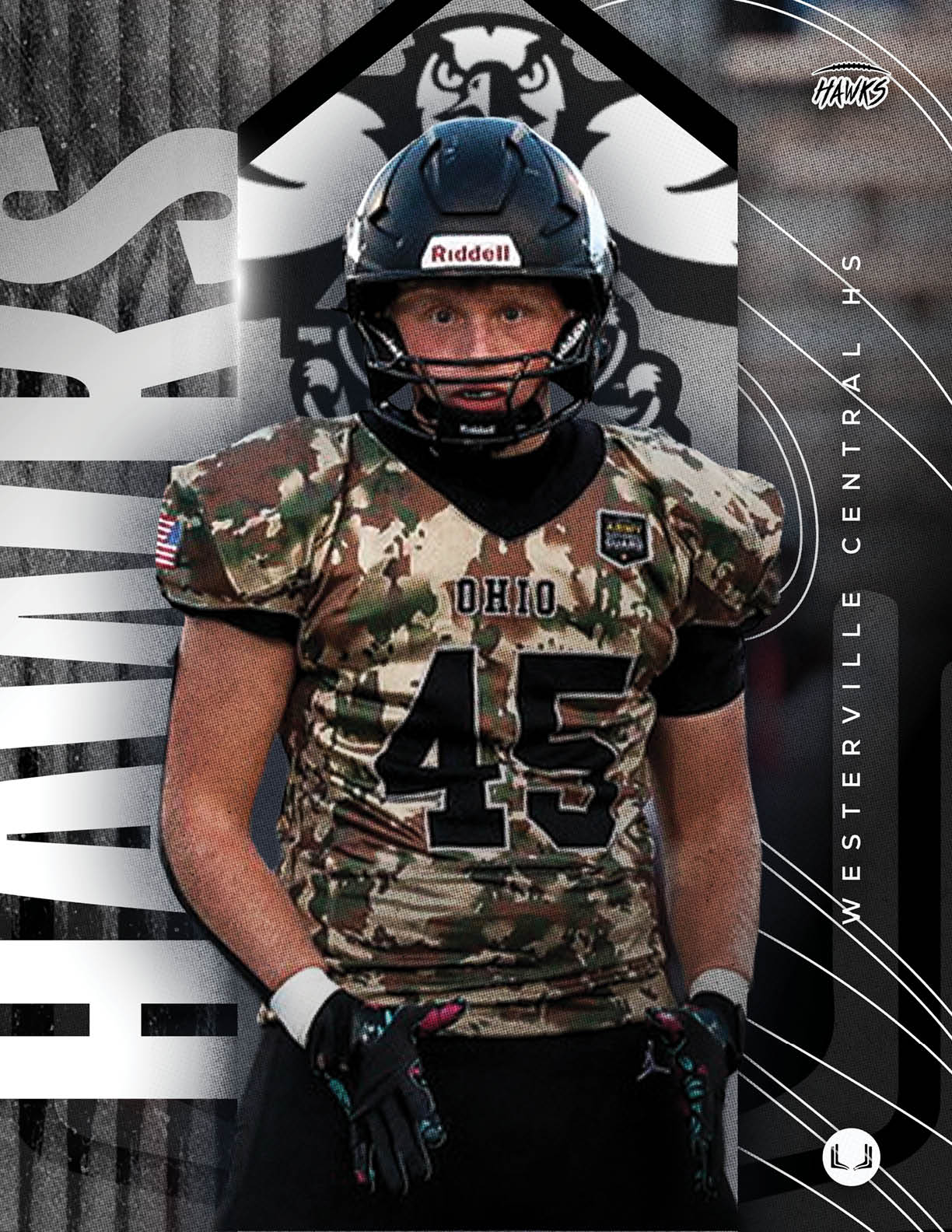 A person wearing a camouflage football uniform with the number 45 and a helmet stands in front of a background featuring a hawk logo and the text “WESTERVILLE CENTRAL HS" and "HAWKS." Descripci n generada con IA