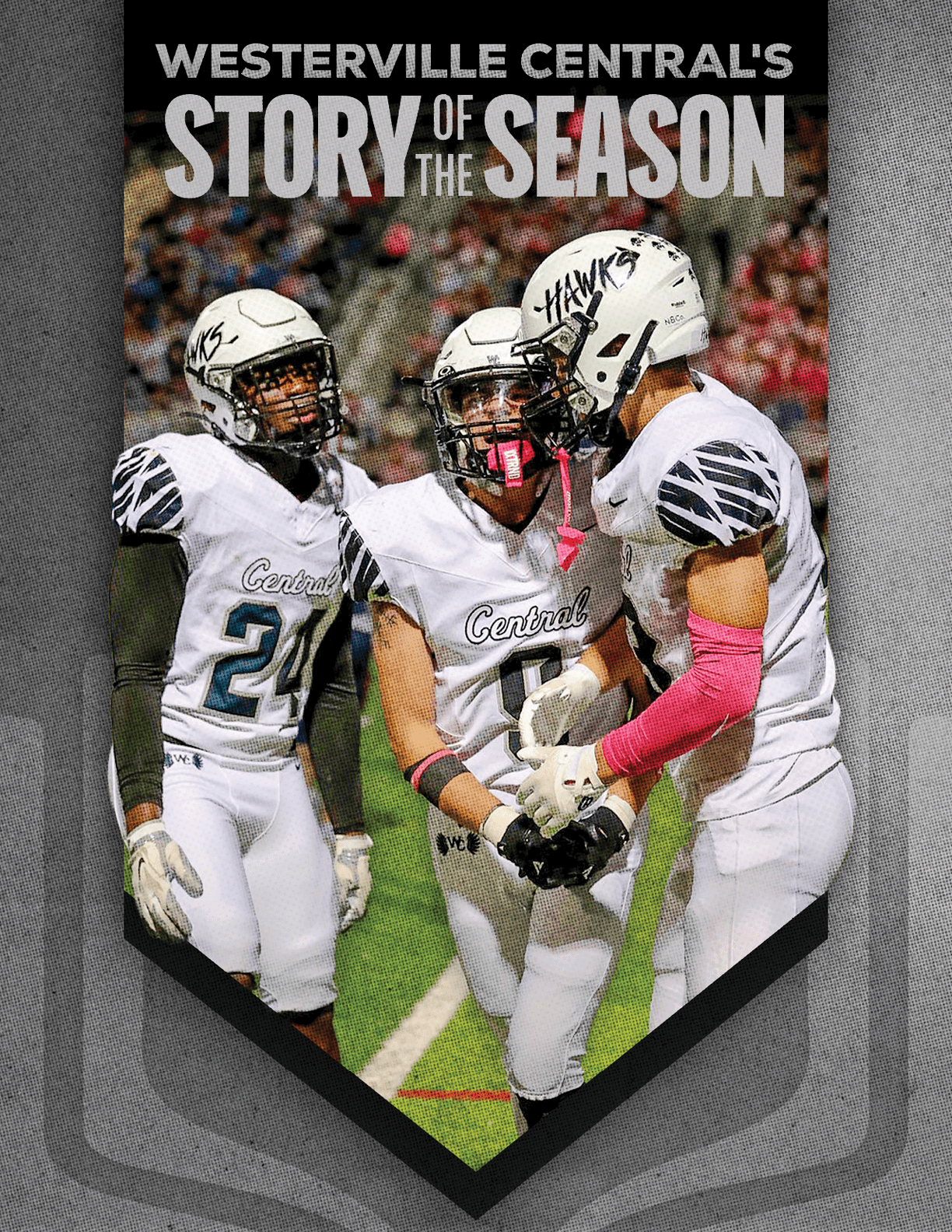 Three people in white football uniforms with helmets are celebrating on a field under stadium lights with the text Westerville Central's Story of the Season above them. Descripci n generada con IA