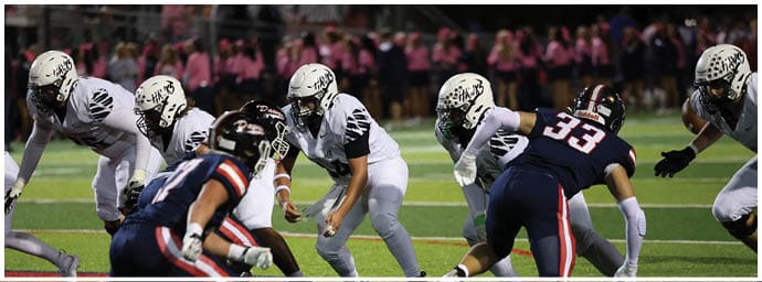 People in football uniforms are lined up on a field preparing for a play during a game with spectators in the background. Descripci n generada con IA