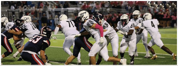 People wearing football uniforms are actively engaged in a play on a football field during a game. Descripci n generada con IA