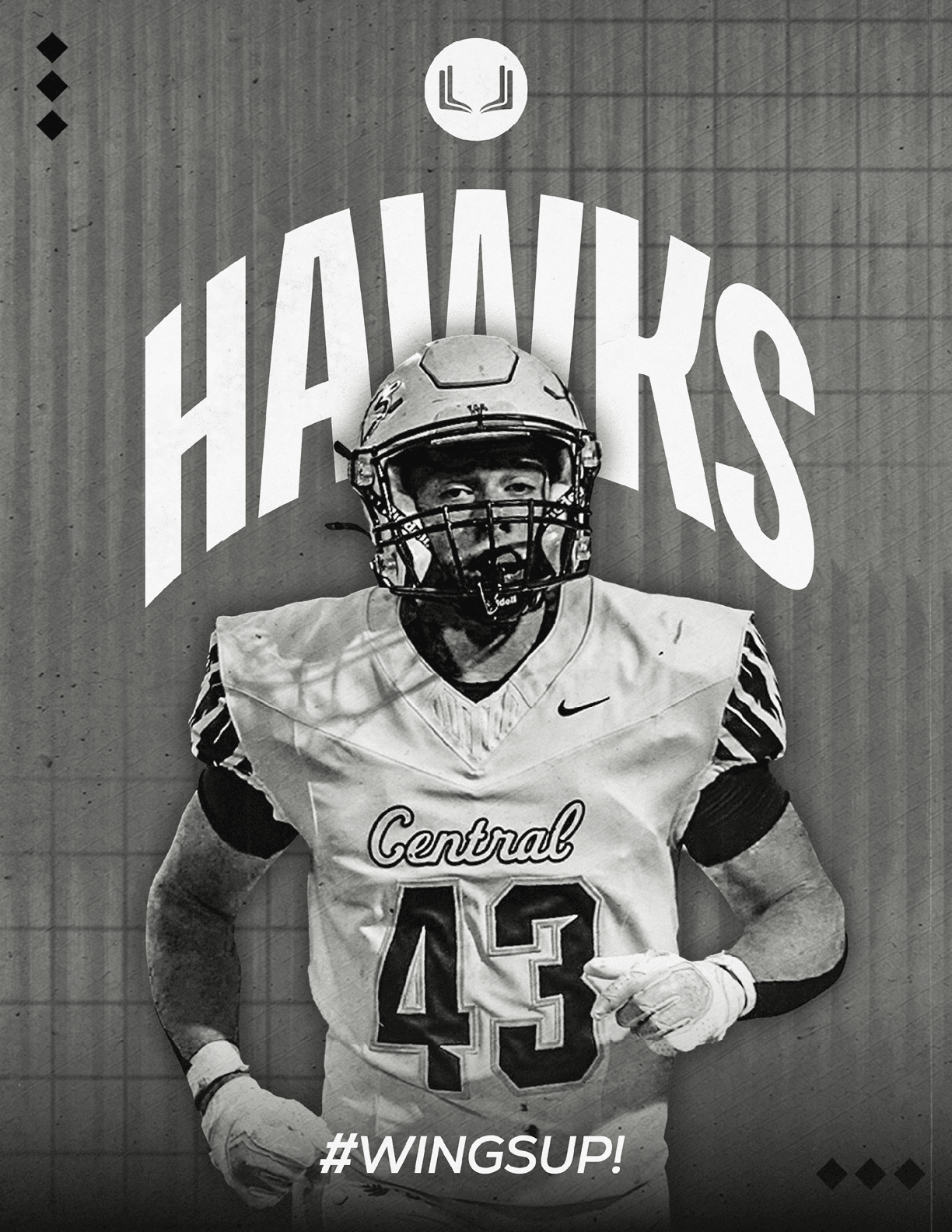 A person wearing a football uniform with the number 43 and the word Central on the jersey is posed in front of a background with the word Hawks and the hashtag #WINGSUP. Descripci n generada con IA