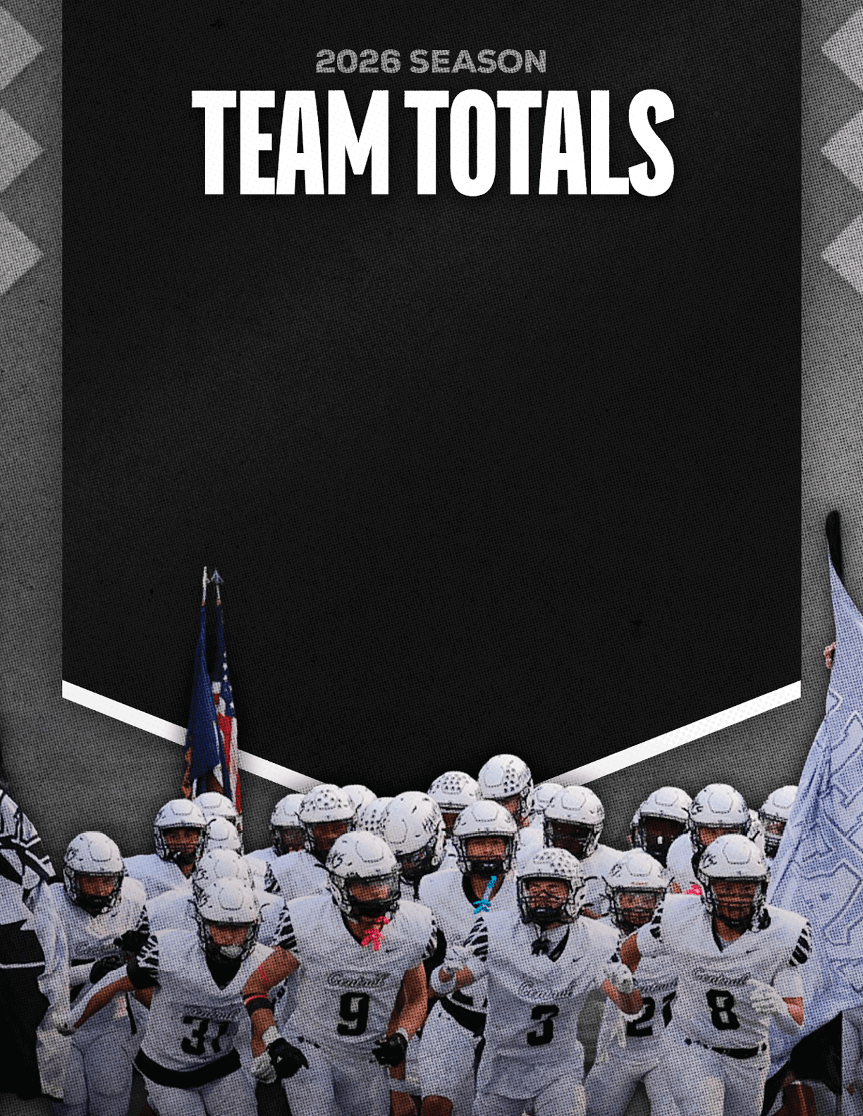 A group of people in white sports uniforms and helmets are running forward on a field with flags, beneath a black banner that reads “2026 Season Team Totals." Descripci n generada con IA