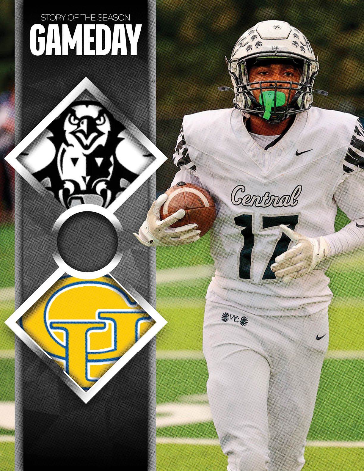 A person wearing a white football uniform with the number 17 and a green mouthguard is running on a field while holding a football, next to a graphic showing two team logos and the text “GAMEDAY." Descripci n generada con IA