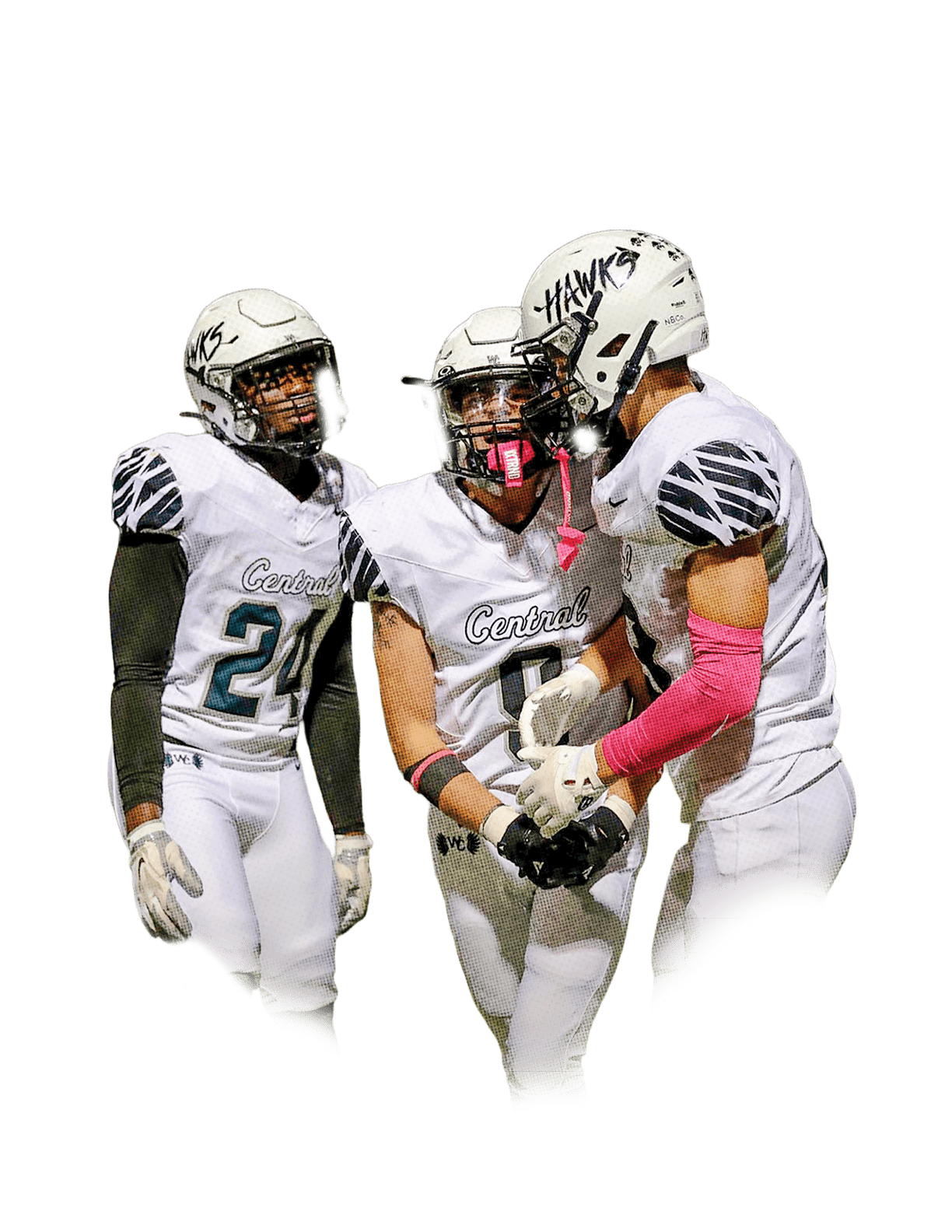 Three people in white football uniforms with helmets are standing on a field, appearing to celebrate or communicate during a game. Descripci n generada con IA