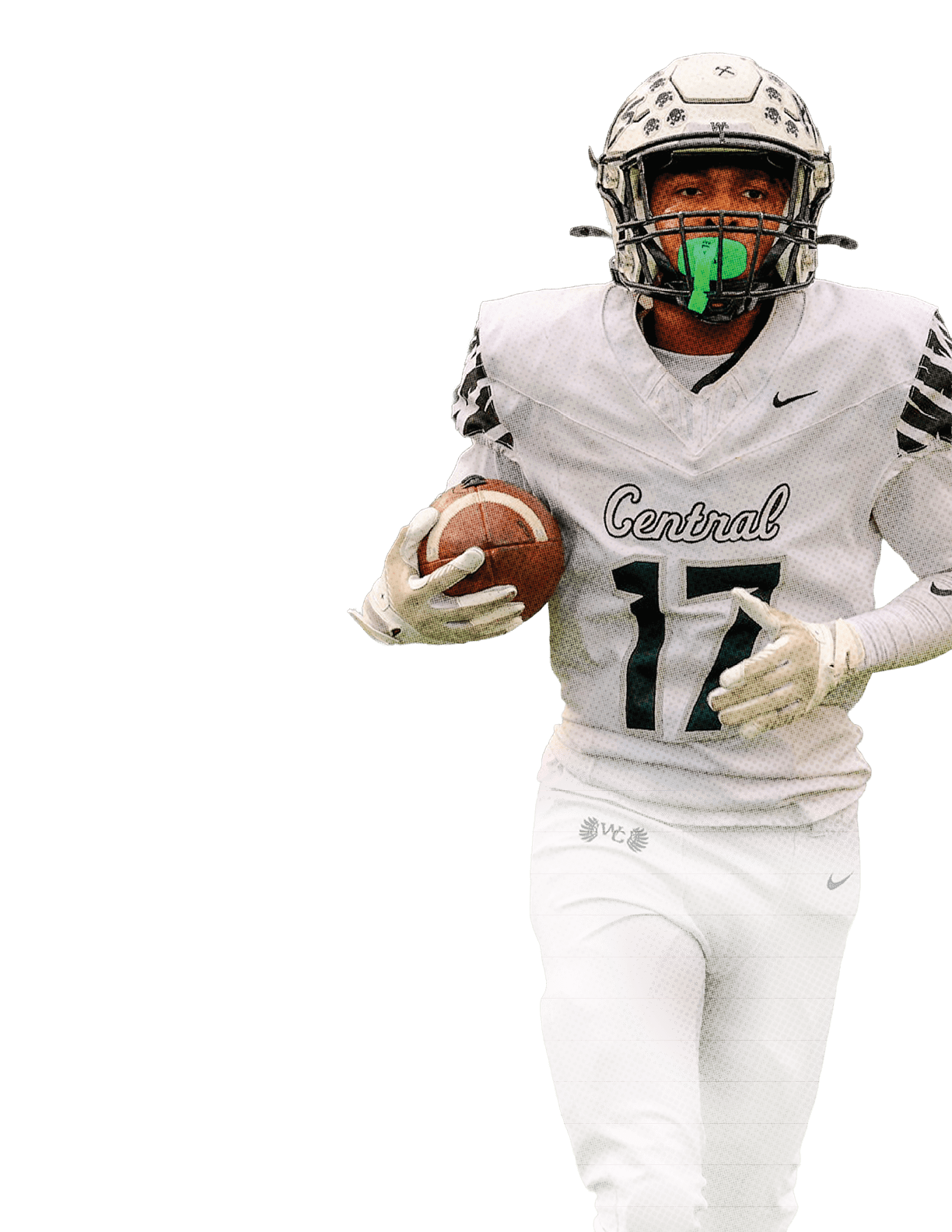 A person wearing a white football uniform with the number 17 and a green mouthguard is running on a field while holding a football. Descripci n generada con IA