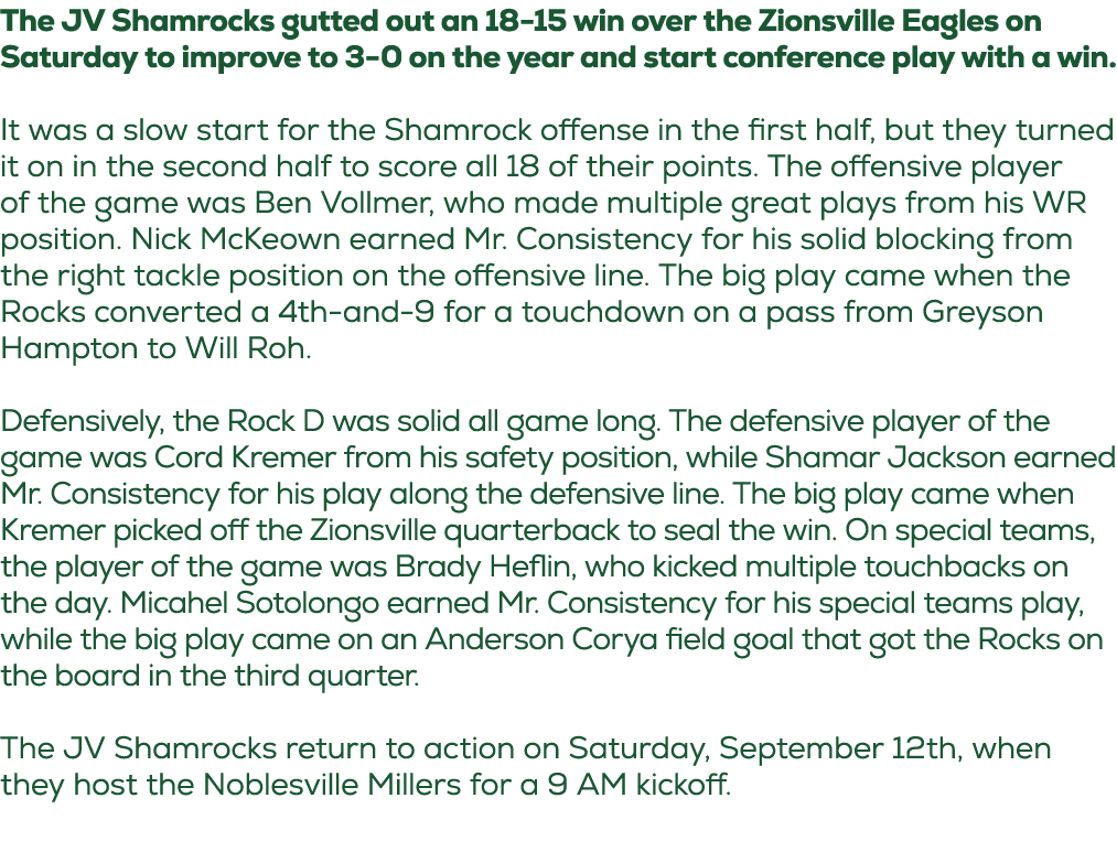 The JV Shamrocks gutted out an 18 15 win over the Zionsville Eagles on Saturday to improve to 3 0 on the year and sta...