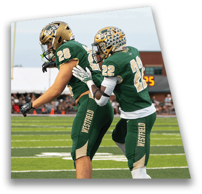 A person in football gear and helmet is crouched on a field with other players lined up in the background during a game. Description generated by AI
