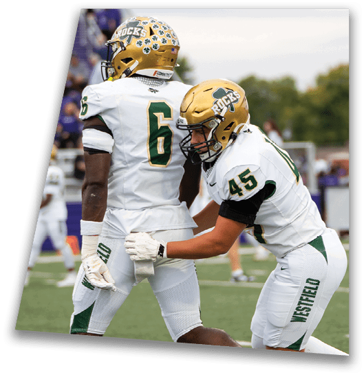 A person in a black football uniform and helmet is crouched in a ready position on a green field with another player in white uniform visible in the background. Description generated by AI