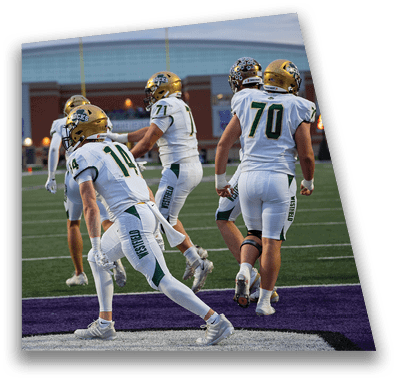 A person in football gear and helmet is crouched on a field with other players lined up in the background during a game. Description generated by AI