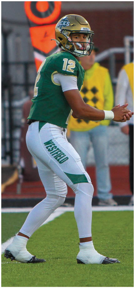 A football player wearing a blue and white uniform. Description generated by AI