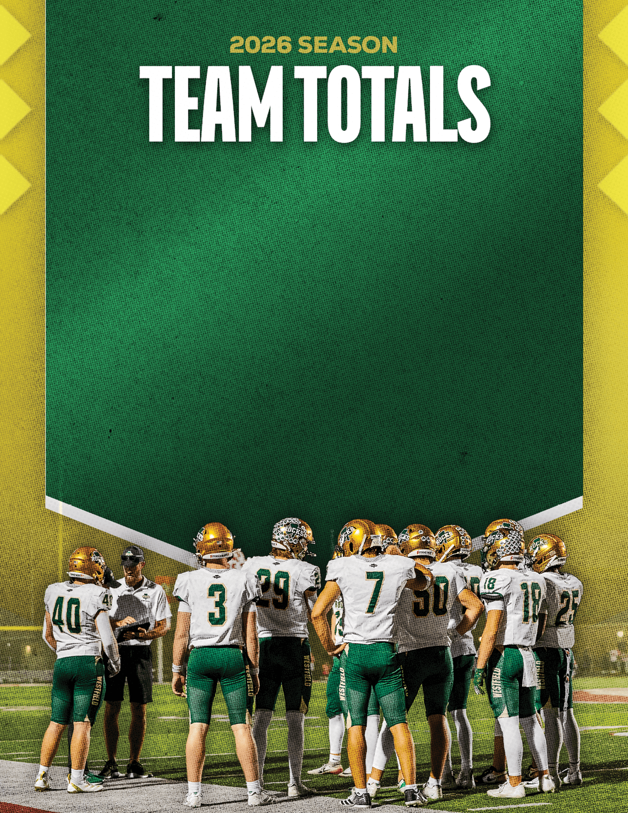 A group of football players standing on a field. Description generated by AI
