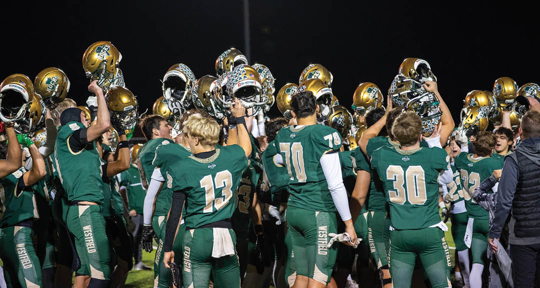 Four people wearing black football uniforms with “VISTA" on the front are standing together in a stadium with a crowd in the background, two of them holding helmets raised above their heads. Description generated by AI