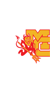 A red devil character holding a trident is positioned next to large yellow and red outlined letters “MC". Description generated by AI