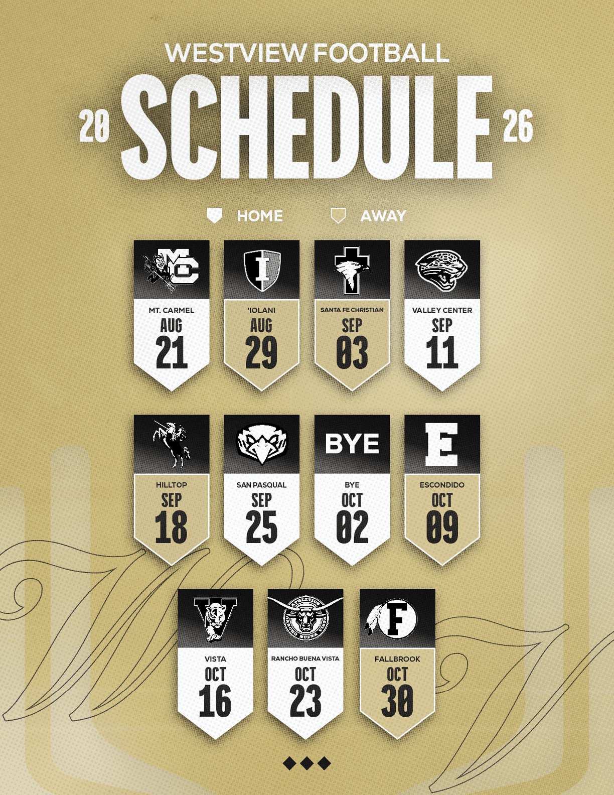Westview Football 2026 schedule displayed with home and away games marked by team logos and dates on a gold textured background. Description generated by AI