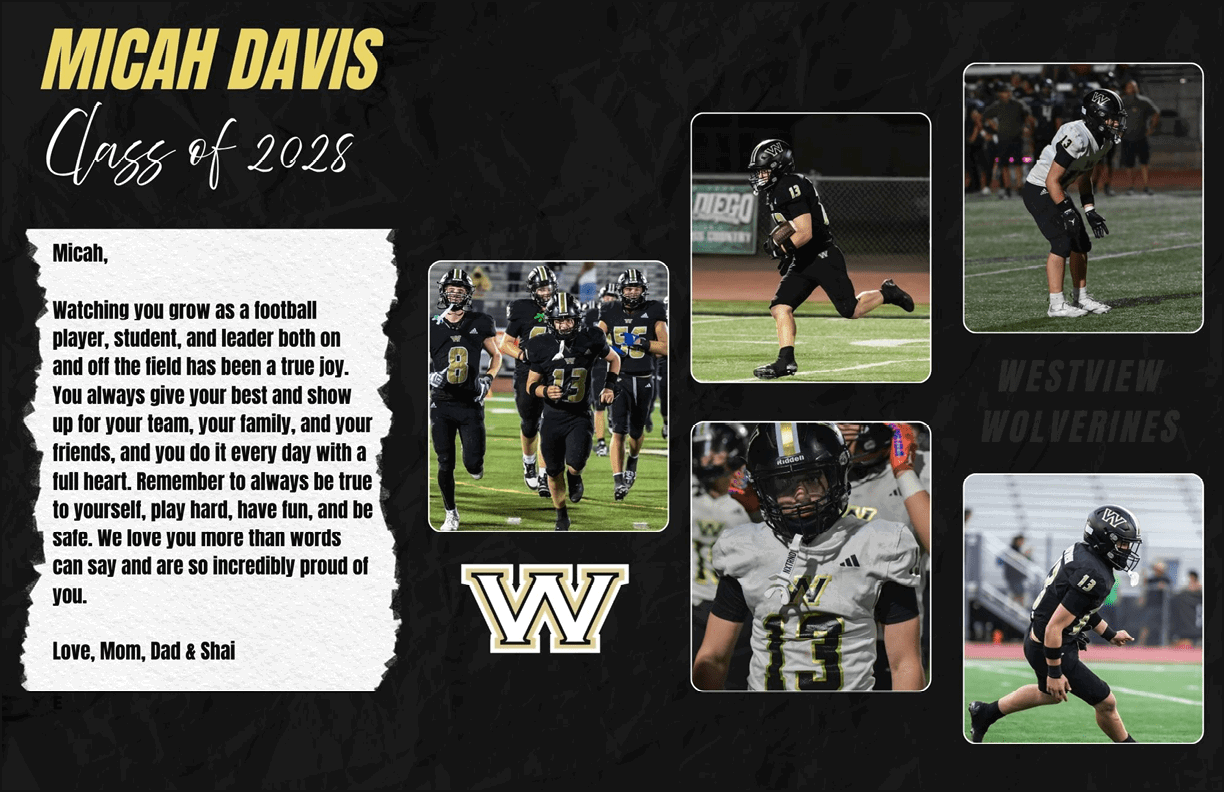 A sports tribute collage features a heartfelt letter to Micah Davis from family, four action photos of a football player in black and white uniform on the field, and the Westview Wolverines logo on a black textured background. Description generated by AI