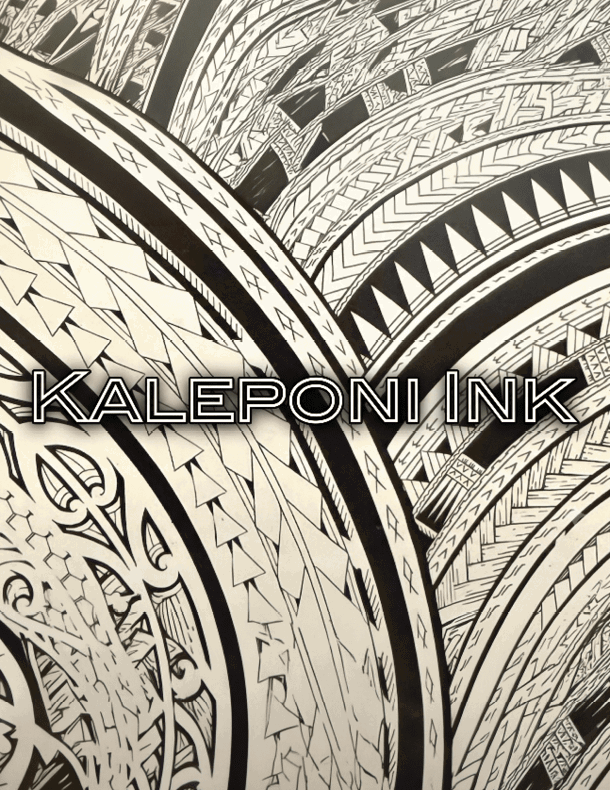 A detailed black and white abstract drawing features intricate geometric patterns and shapes arranged in curved, overlapping bands. Description generated by AI