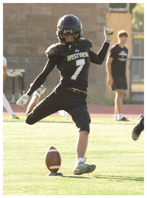 A person wearing a black football uniform with the number seven is kicking a football placed on a tee on a grassy field. Description generated by AI
