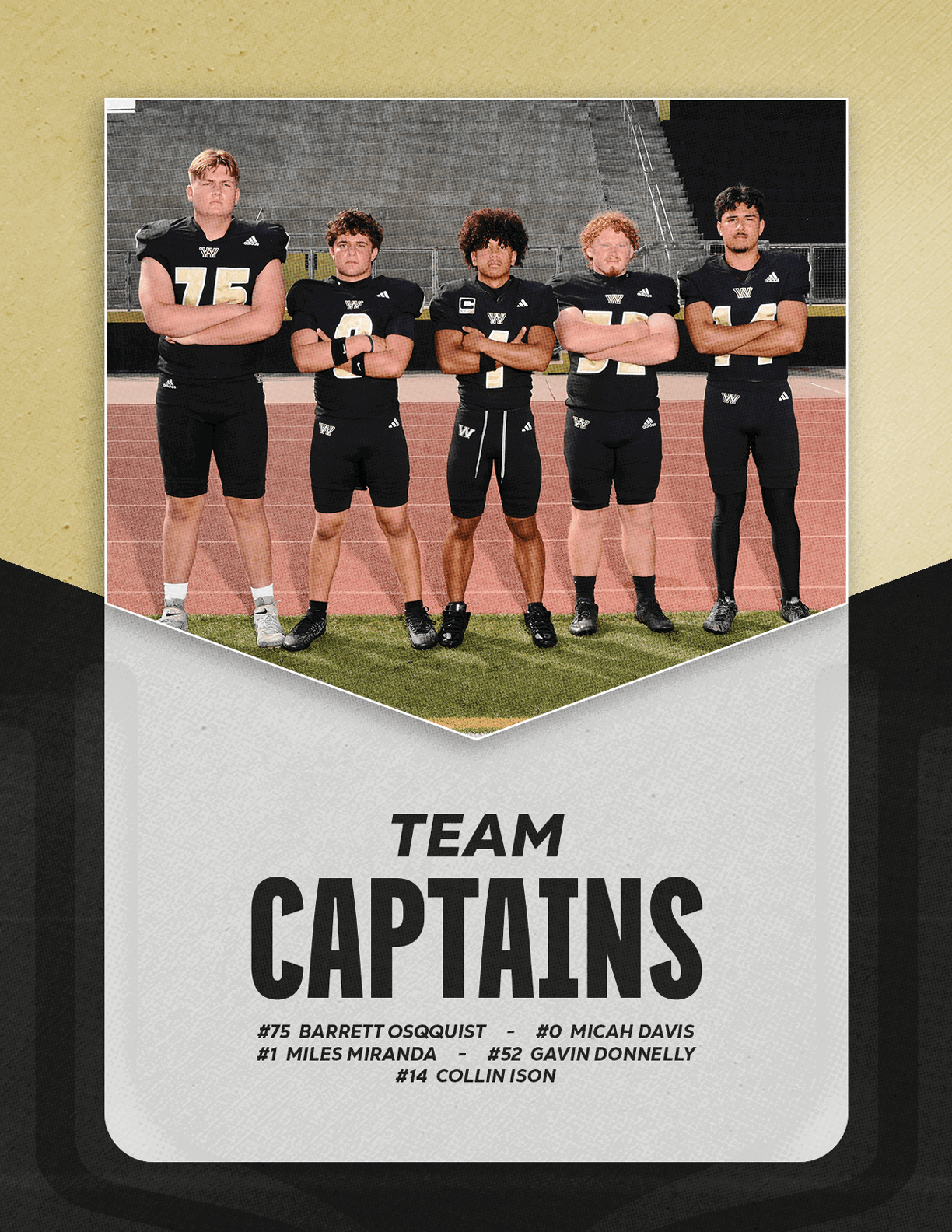 Five adults wearing black sports uniforms stand with arms crossed on a football field with stadium seating in the background above text that reads team captains and lists their names. Description generated by AI