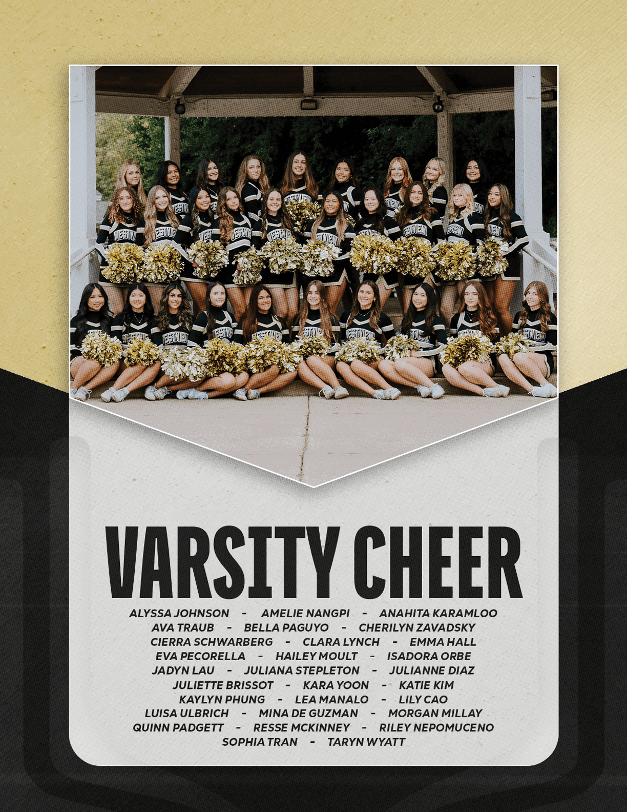A large group of people dressed in matching varsity cheerleading uniforms with pom-poms pose together in two rows under a pavilion with the text “VARSITY CHEER" and a list of names below them. Description generated by AI