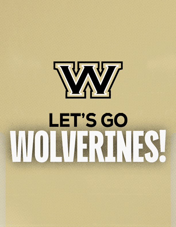 A bold black and gold letter W is above the text “LET'S GO WOLVERINES!" with "LET'S GO" in black and "WOLVERINES!" in large white letters on a beige background. Description generated by AI