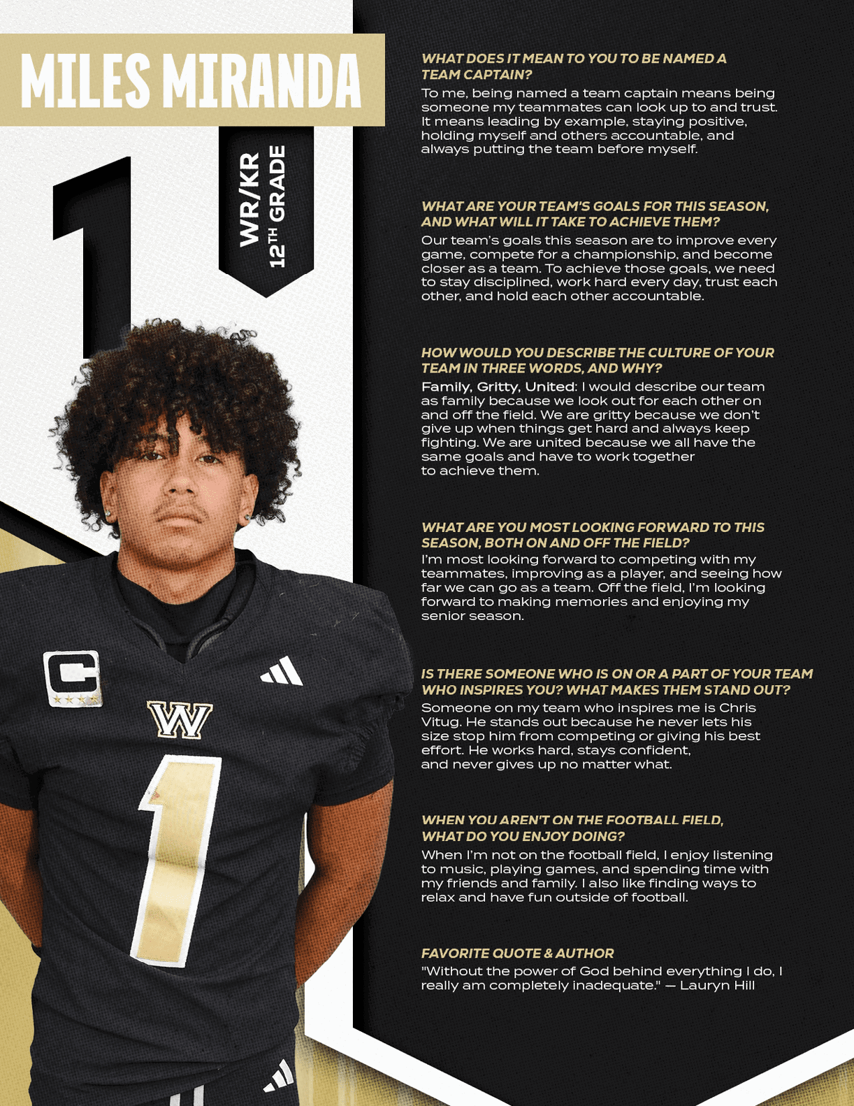 A person with curly hair wearing a black football jersey with the number one stands next to text featuring an interview about being a team captain and football goals. Description generated by AI