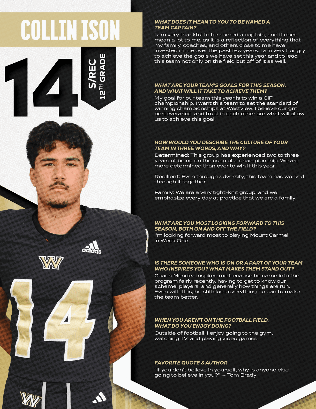 Person wearing a black football uniform with the number 14 stands next to a text block featuring an interview about team goals, culture, and football experiences. Description generated by AI