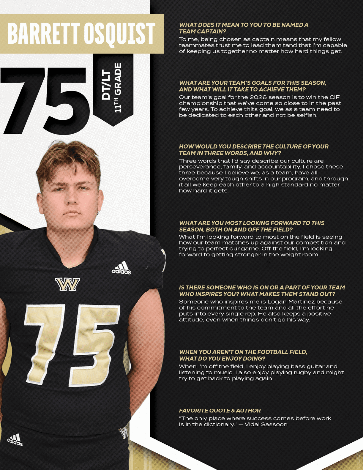 A person wearing a black sports jersey with the number 75 stands next to text featuring interview questions and answers about team goals, leadership, and football experiences. Description generated by AI
