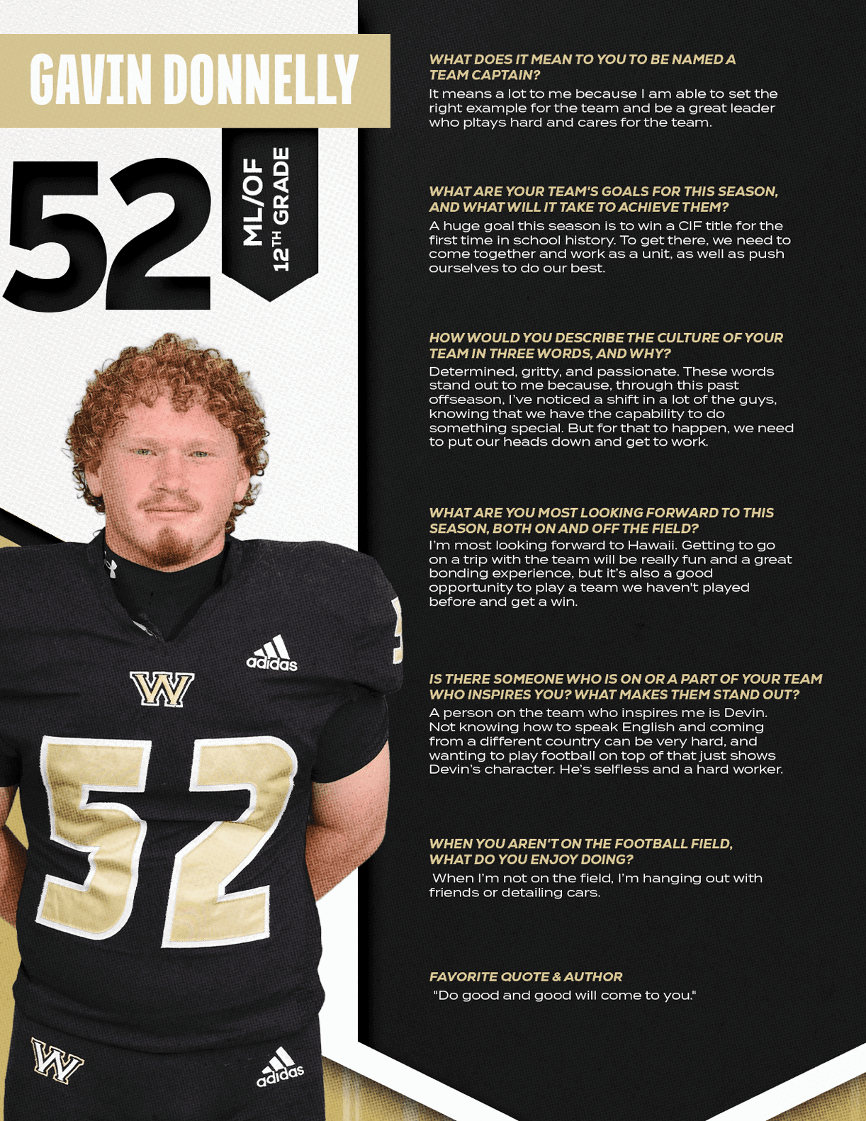 Person with curly hair wearing a black football jersey with the number 52 and the name Gavin Donnelly stands next to text describing their role as a team captain and their goals for the season. Description generated by AI