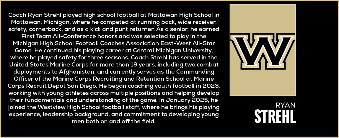  Coach Ryan Strehl played high school football at Mattawan High School in Mattawan, Michigan, where he competed at ru...